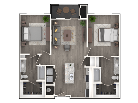 A top-down view of a house layout with a living room, dining area, kitchen, and bathrooms.